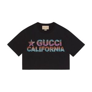 Gucci Black Crop Tee with Multicolor Sequin 'Gucci California' Logo